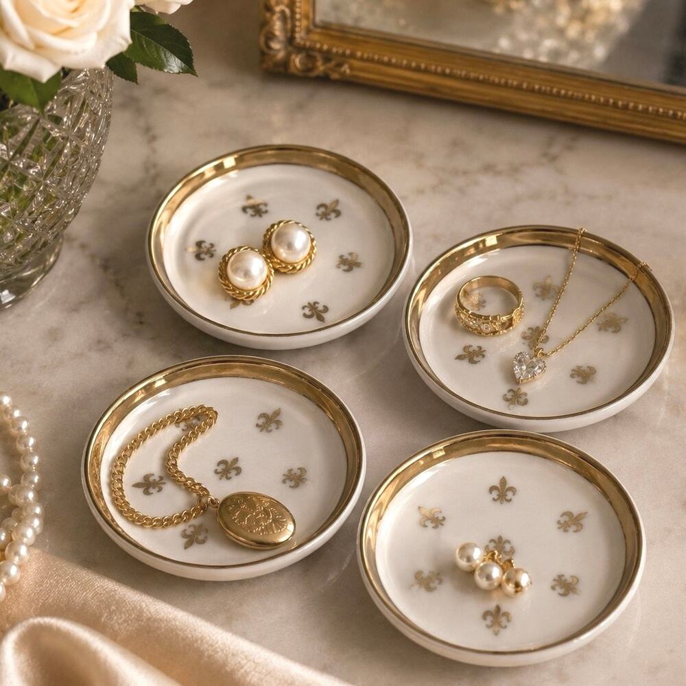 Lefton China Fleur De Lis 5420 Gold Edged Coasters Vanity TableTrinket Dish
